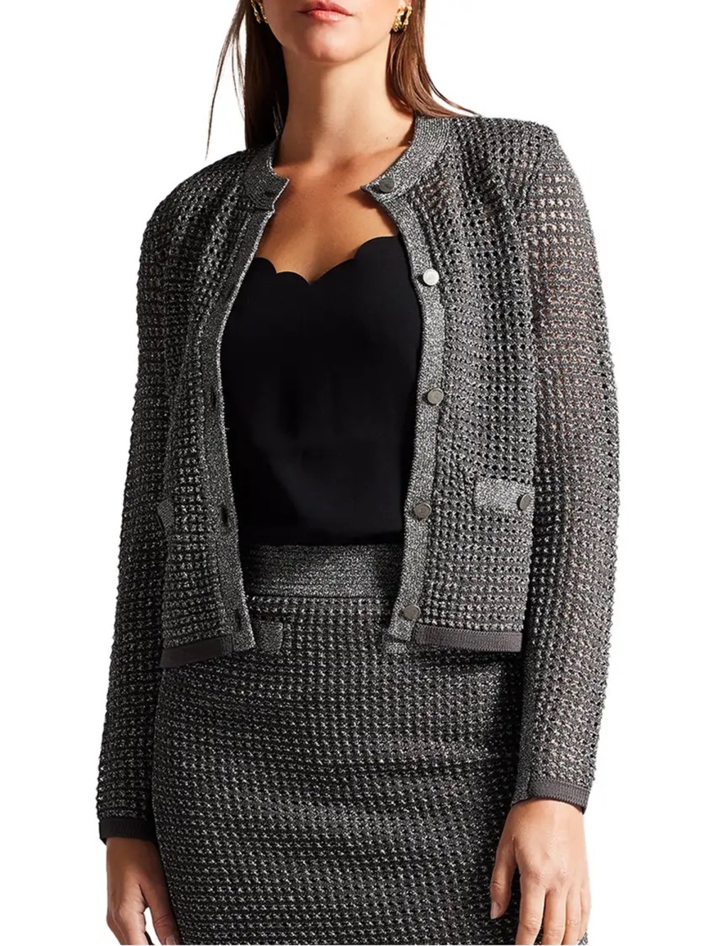 Ted Baker Sallyan Open Stitch Gunmetal Cardigan, Size 0, XS, Metallic Grey
